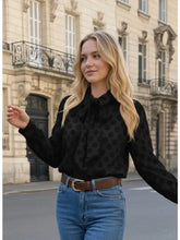 Load image into Gallery viewer, Tie Neck Polka Dot Pattern Long Puff Sleeve Blouse