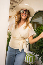 Load image into Gallery viewer, Short sleeve wrap front woven top w/ tie