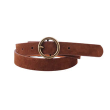 Load image into Gallery viewer, Brass-Toned Circle Buckle Leather Belt