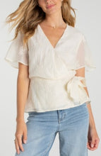 Load image into Gallery viewer, Short sleeve wrap front woven top w/ tie