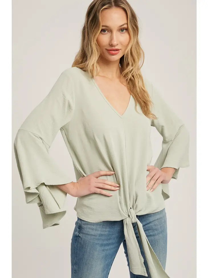 Front-Tie Blouse with Bell Sleeves