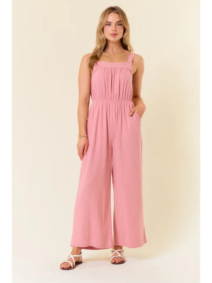 Linen Blend Wide Leg Overall Jumpsuit