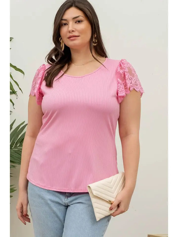 Short Lace Sleeve Ribbed Knit Top - PLUS