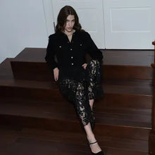 Load image into Gallery viewer, Embroidery High Rise Wide Leg Lace Denim Jeans With Rhinestone
