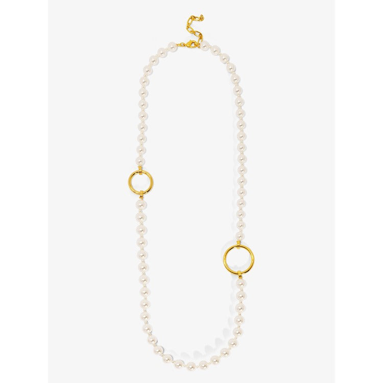 Long Pearl Necklace with Circle Charms