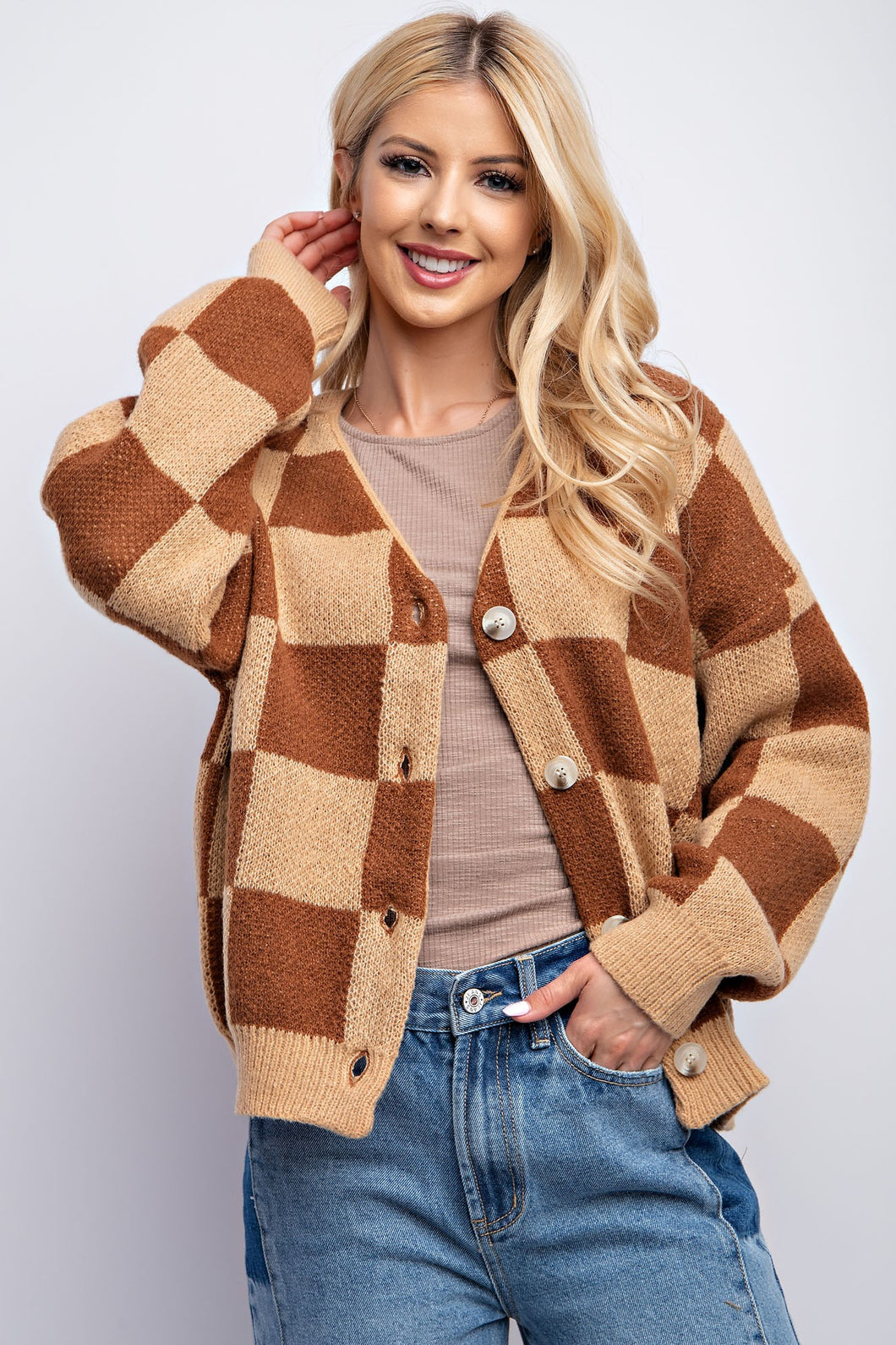 CHECKERBOARD PATTERNED SWEATER CARDIGAN