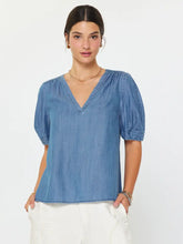 Load image into Gallery viewer, Chambray V-Neck Short Sleeve Blouse
