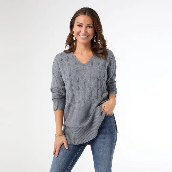Heavenly-Luxe V Neck Cable Sweater with Rib Bottom