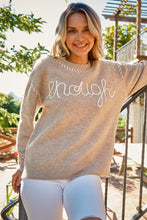 Load image into Gallery viewer, Letter Embroidery Stitching &quot;ENOUGH&quot; Sweater with Contrast Stitching
