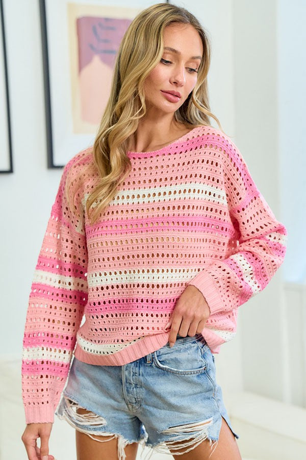 Multicolor Striped Long Sleeve Open knit top