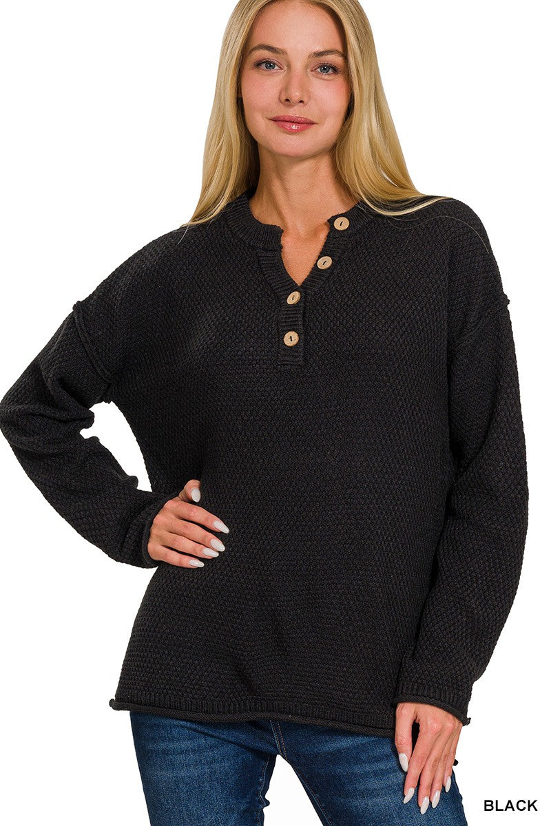 4 Buttons Henley Neckline Basic Sweater