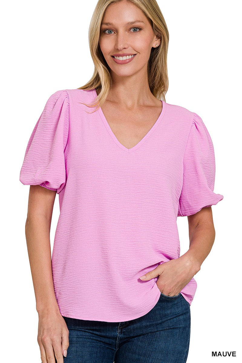WOVEN AIRFLOW V-NECK PUFF SLEEVE TOP