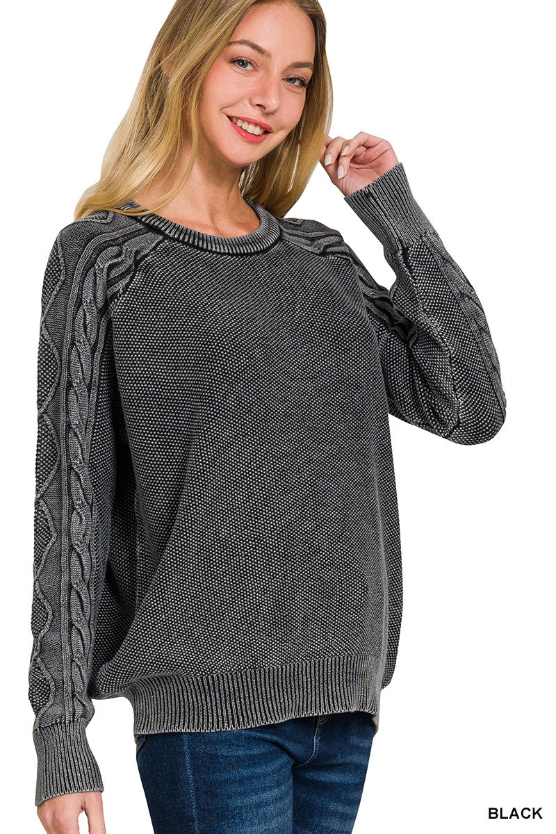 Stone Washed Cable Crewneck Sweater