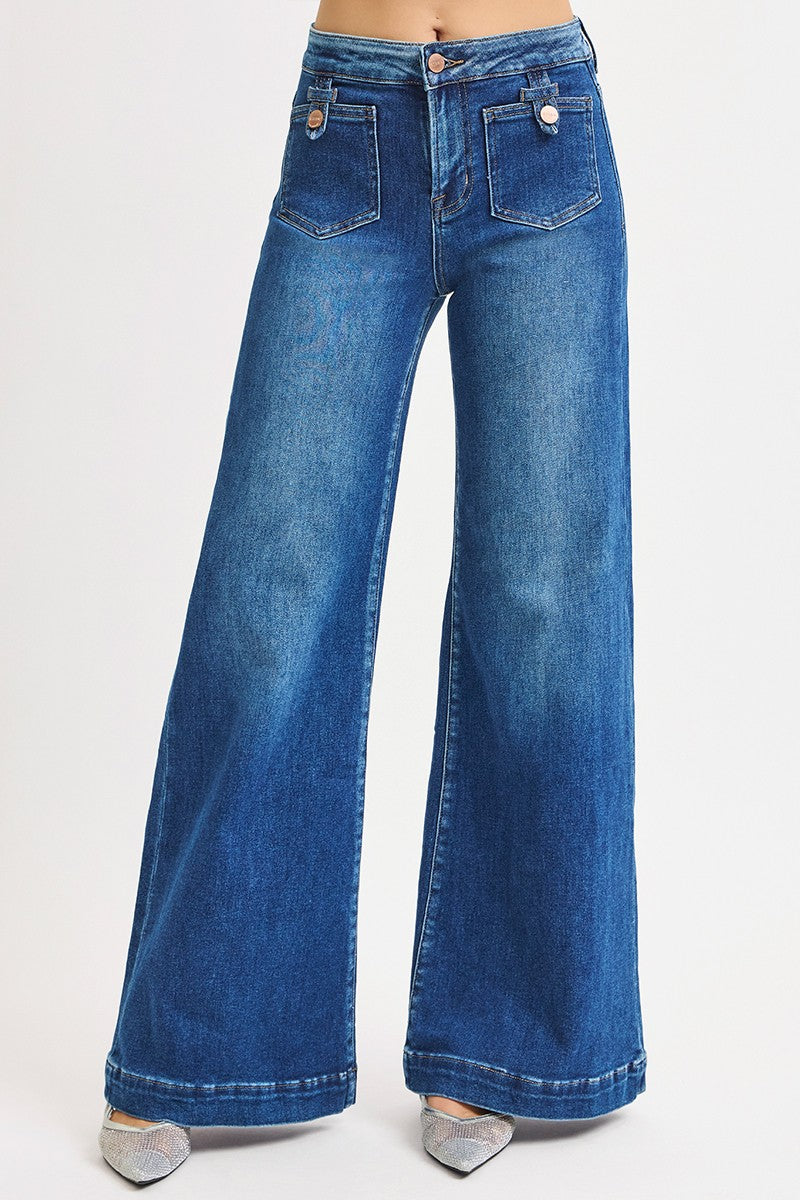 Mid Rise Wide Front Patch Pocket Jeans