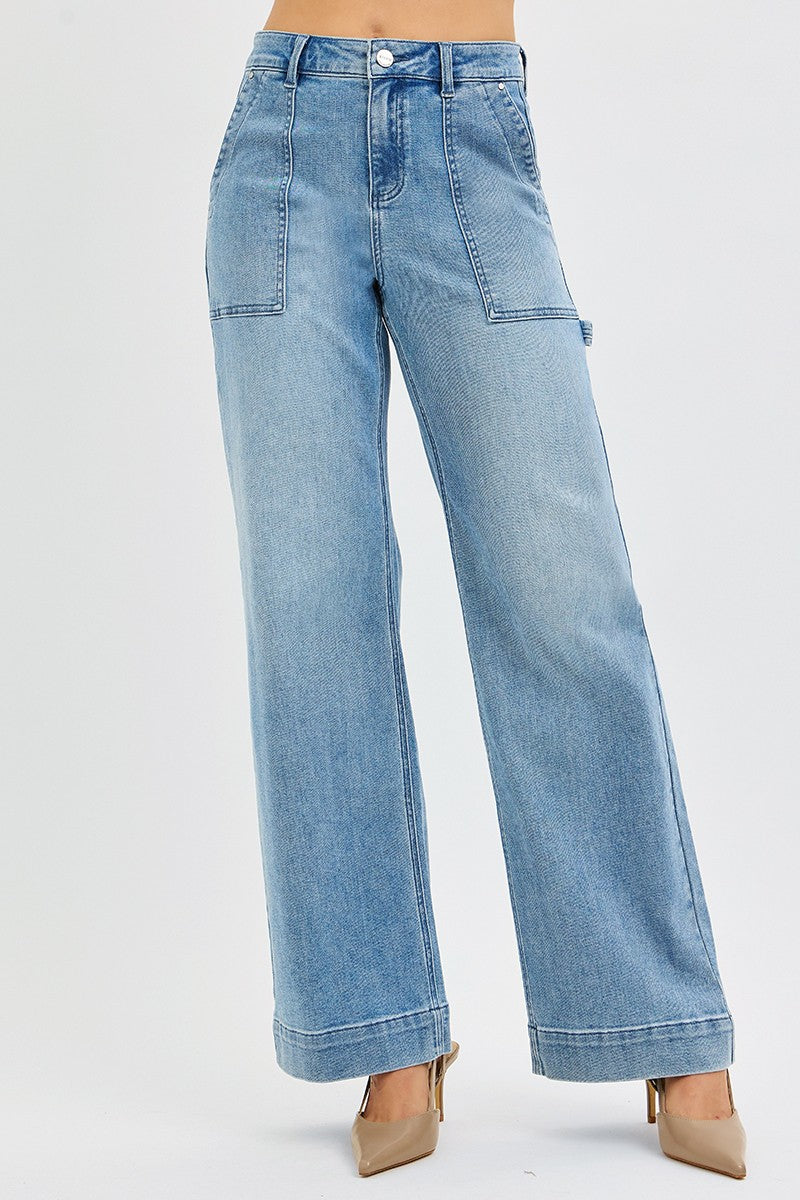 High Rise Straight Leg Jeans Cargo Front Pockets