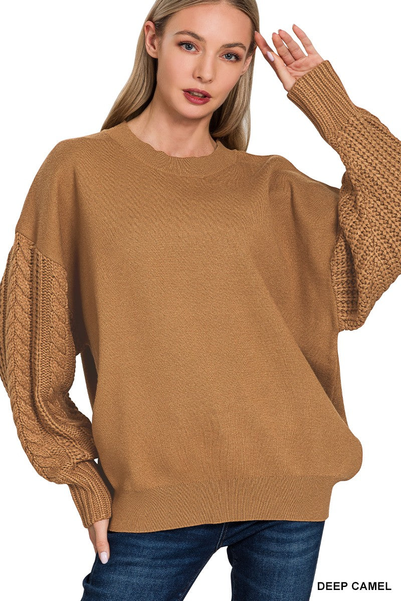 Cable Knit Sleeve Round Neck Sweater