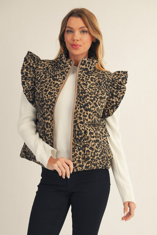 Front Zip Up Leopard Puffy Vest