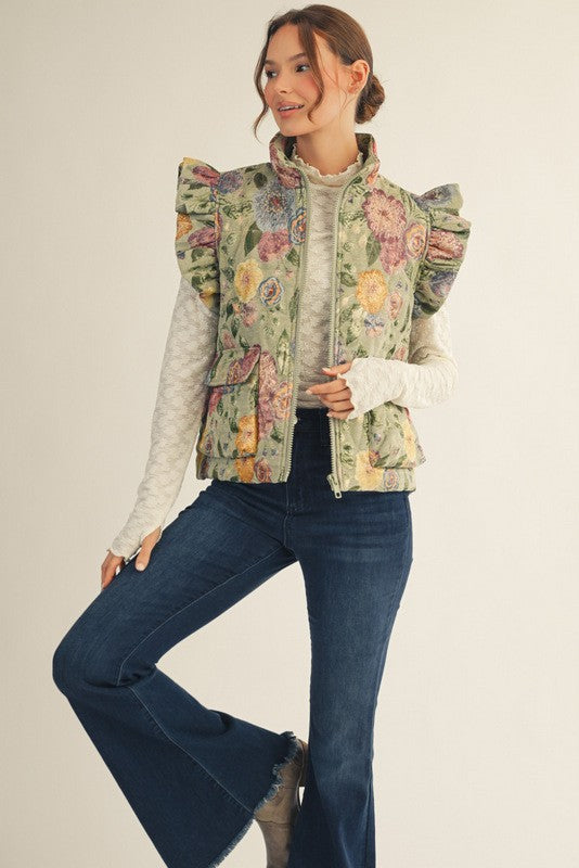 Front Zip Up Floral Jacquard Vest