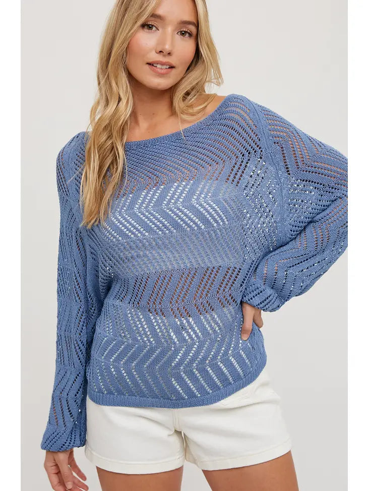 Open Knit Boat-Neck Pullover