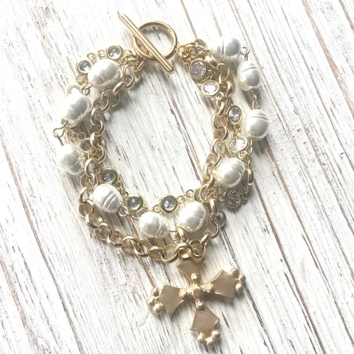 French Vintage Cross Pearl Bracelet