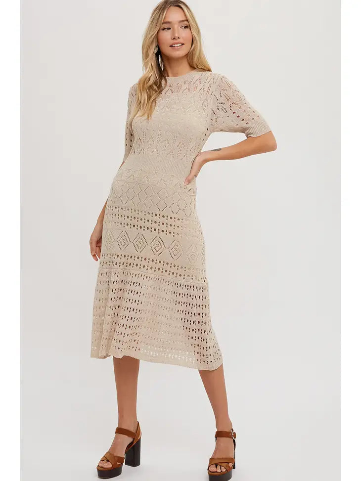 Open Knit Crochet Midi Dress with Inner