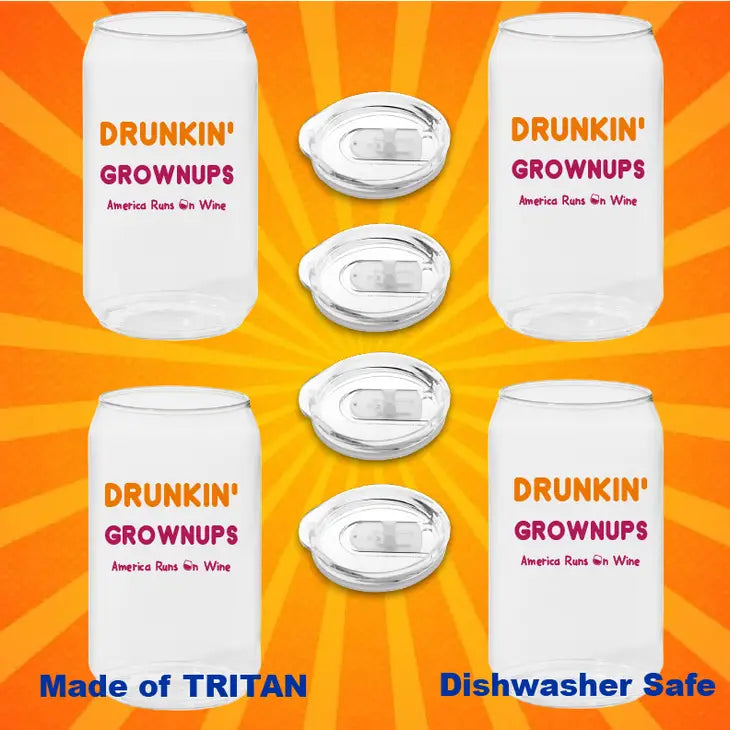 Drunkin' Growups Set of 4 Tritan Unbreakable Can Cups W/Lids
