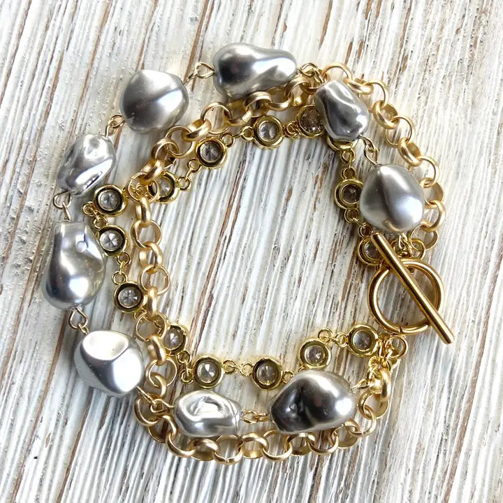 Triple Gray Porcelain Pearl Baroque Bracelet