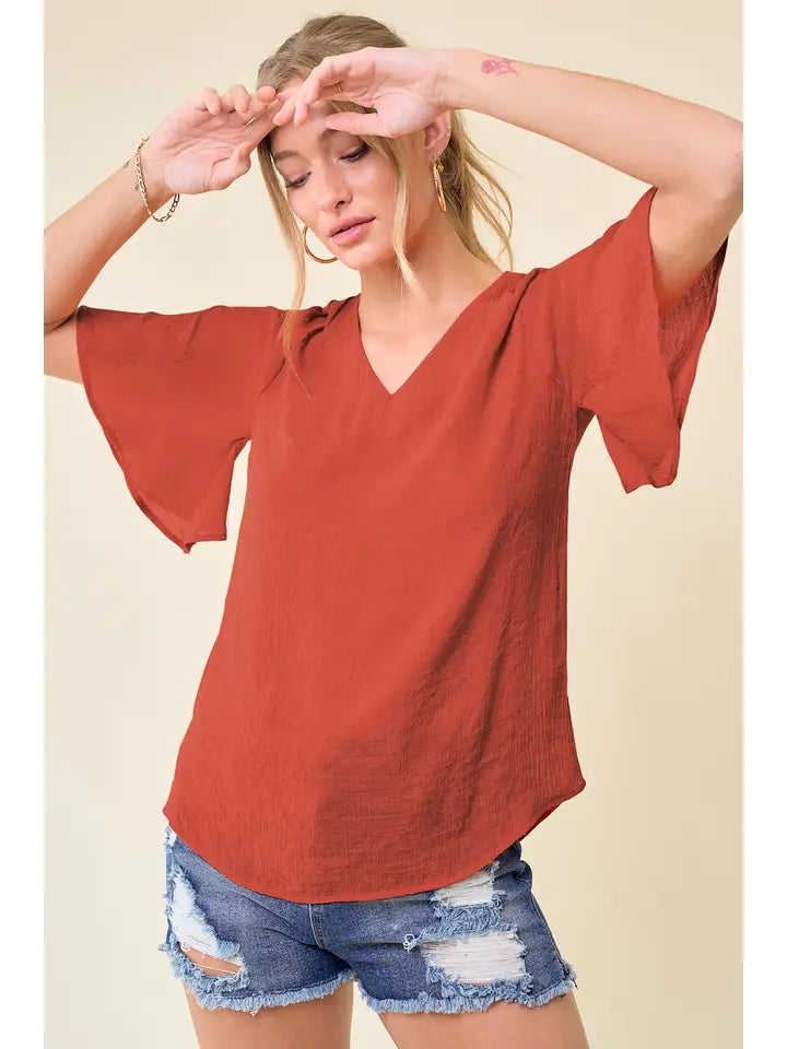 Pleated Shoulder Bell Sleeve Blouse