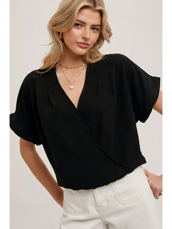 Sleeve Folded Wrap Blouse V-Neck Top