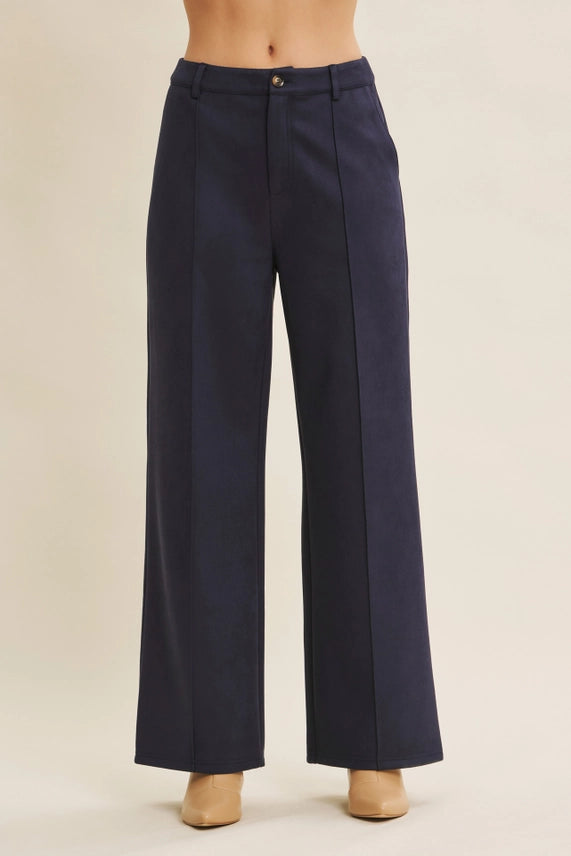 Vegan Suede Straight Leg Pants with Pin Tuck