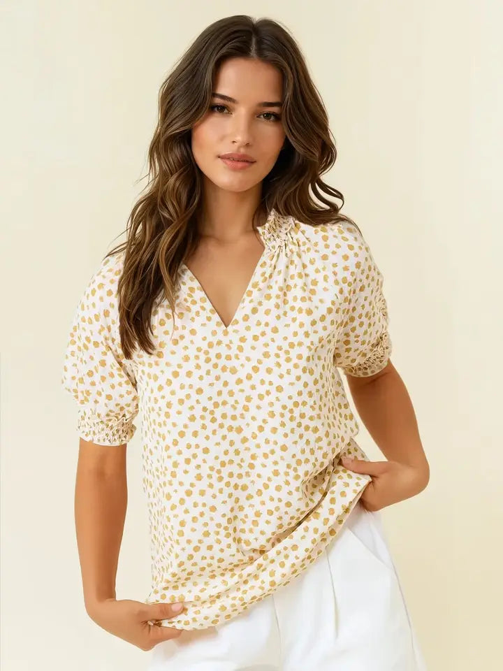 Jacquard Dot Print Short Sleeve Blouse