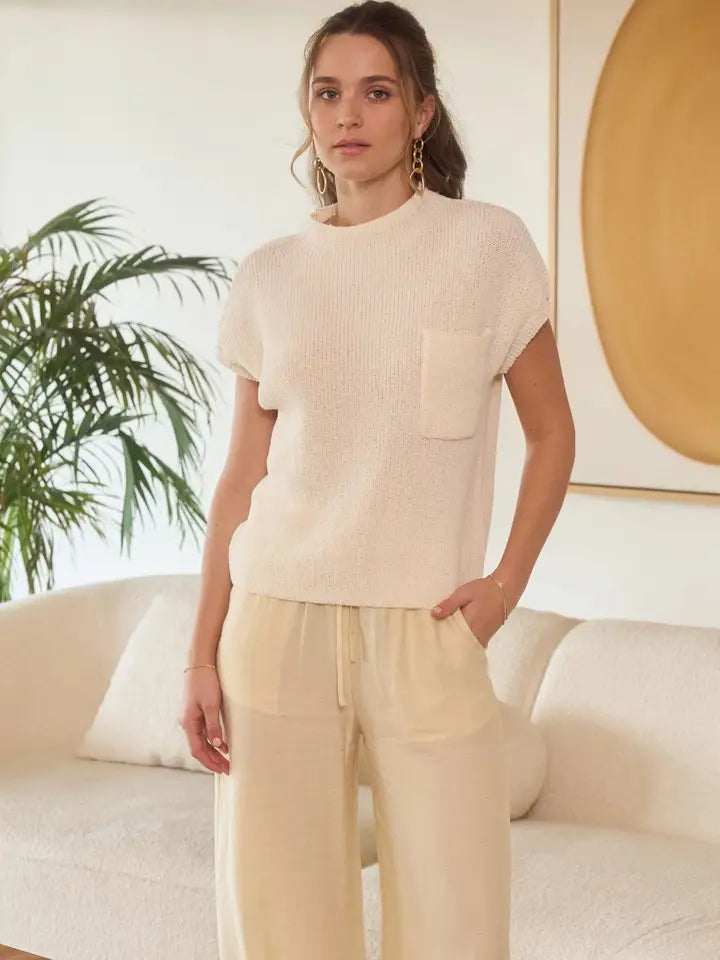 Mock Neck Short Sleeve Pocket Detail Sweater Top