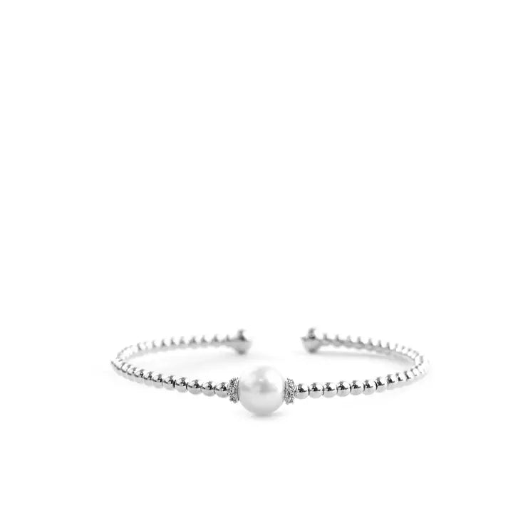 Silver Brass Beaded Cuff with Cz and Pearl