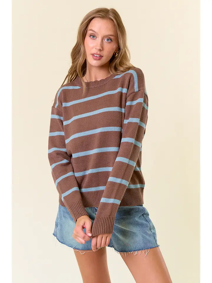 Scallop Neckline Long Sleeve Striped Sweater