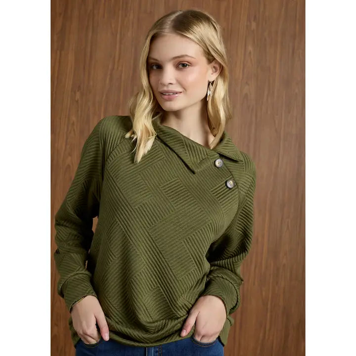 Phoenix Quilted Button Mock Neck Top