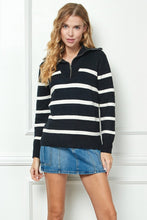 Load image into Gallery viewer, Stripe Knit Zip-up High Collared V-neck Sweater

