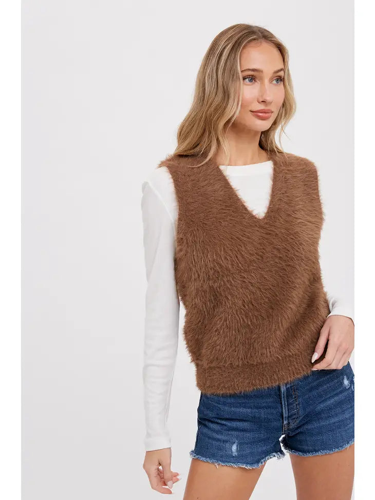 Fuzzy V Neck Sweater Vest