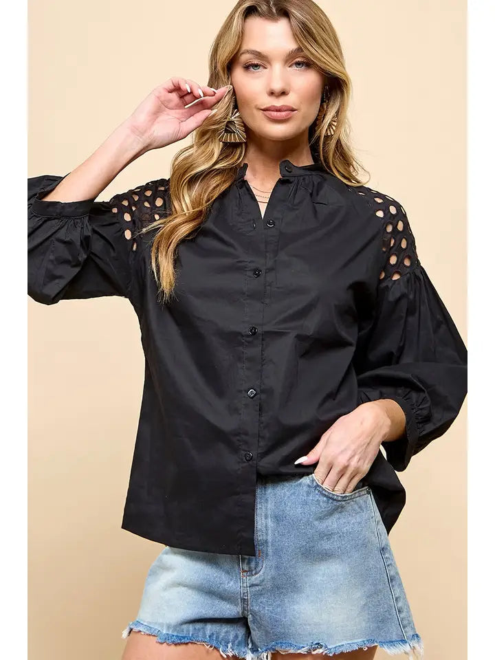Eyelet Shoulder Balloon Sleeve Blouse
