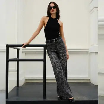 High Rise Black Leopard Print Wide Leg Jeans