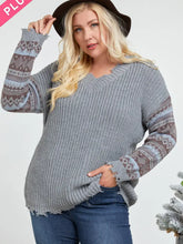 Load image into Gallery viewer, Solid V Neck Printed Sleeve Sweater - PLUS SIZE
