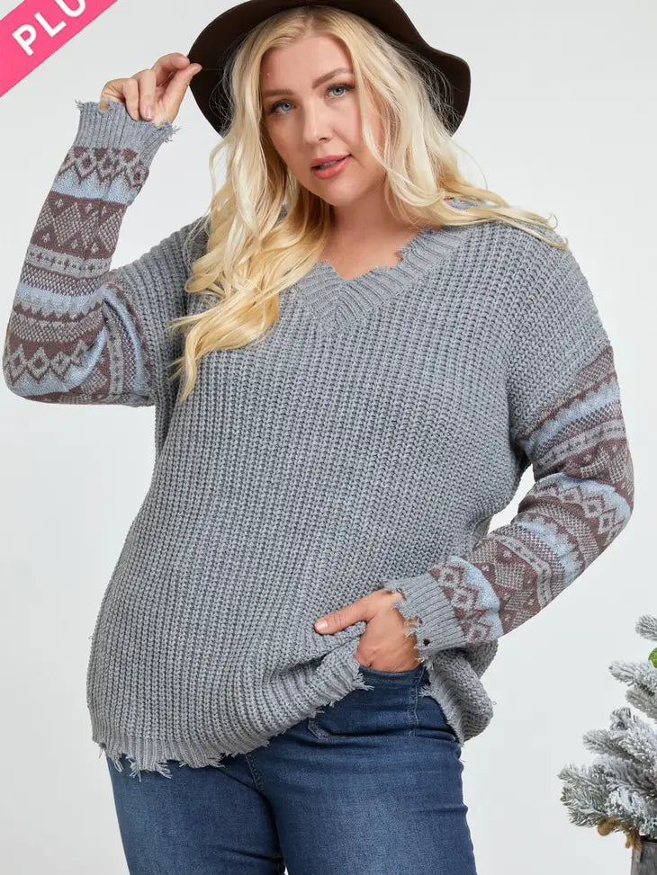 Solid V Neck Printed Sleeve Sweater - PLUS SIZE