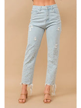 Load image into Gallery viewer, Garment Washed Pearl Rhinestone Denim Jeans
