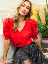 Load image into Gallery viewer, V-Neck Short Puff Sleeve Sweater
