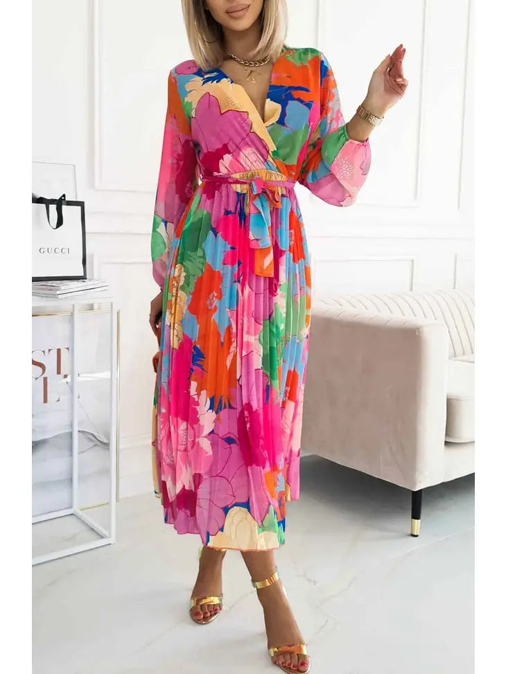 Sharon Floral Chiffon Pleated Maxi Dress-Pink