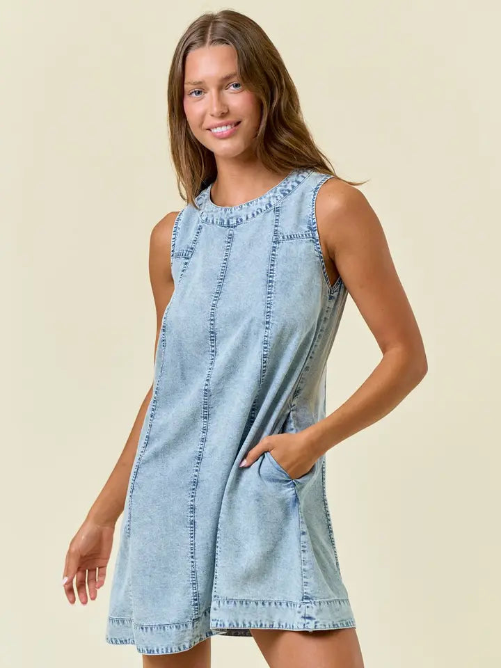 Chambray Round Neckline Sleeveless A-Line Mini