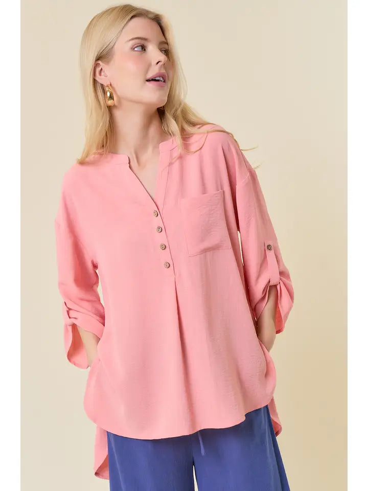 Half Button Hi-Lo Blouse