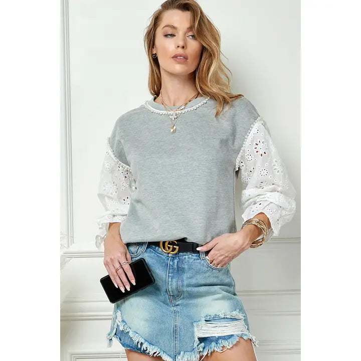 Beaded Eyelet Flounce Sleeve Top