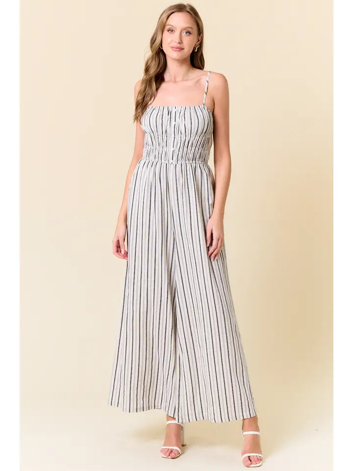 Linen Blend Stripe Wide Leg Jumpsuit w/ Pockets