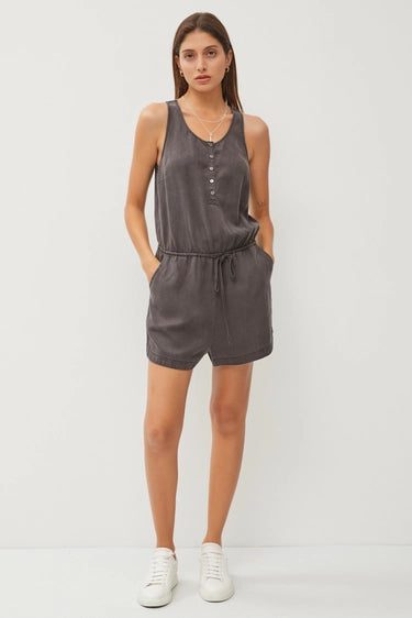 Scoop Neck Sleeveless Button Trimmed Tencel Romper