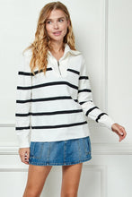 Load image into Gallery viewer, Stripe Knit Zip-up High Collared V-neck Sweater
